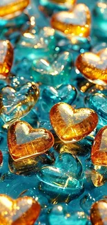 Colorful glass hearts in gold and turquoise hues.