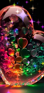 Vibrant heart glass with colorful bubbles in a dark background wallpaper.