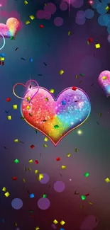 Vibrant glitter hearts on a colorful background.