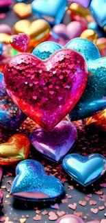 Colorful glitter hearts wallpaper with vibrant hues.