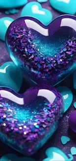 Vibrant glitter heart wallpaper in blue and purple hues.