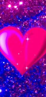 Pink heart on blue and purple glitter wallpaper.