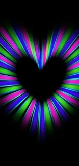 Heart-shaped neon glow on black background with radial lines