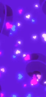 Vibrant purple wallpaper with glowing heart shapes.