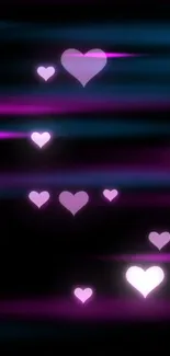 Vibrant wallpaper with glowing pink hearts and blue neon streaks on a dark background.