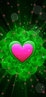 Vibrant wallpaper with glowing pink heart and green background.