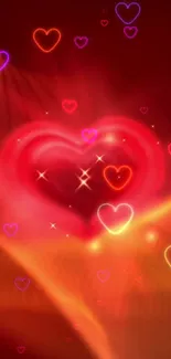 Glowing red heart wallpaper with neon lights and vibrant colors.