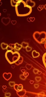 Vibrant wallpaper with glowing red and orange hearts in a warm, romantic theme.