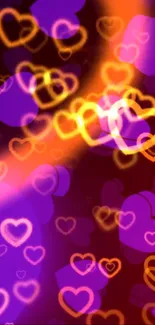 Mobile wallpaper with glowing neon hearts in purple and orange hues.