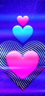 Vibrant hearts in blue and pink gradient on a mobile wallpaper.