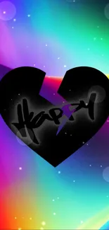 Colorful gradient wallpaper with black heart and 'Happy' text.