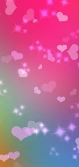 Colorful gradient wallpaper with hearts and sparkles.