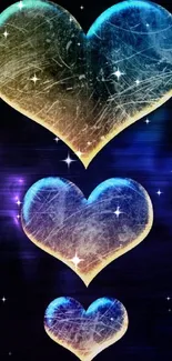 Three hearts with a blue gold gradient on dark background.