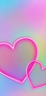 Neon pink hearts on a vibrant pastel gradient background.