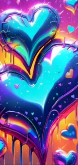 Vibrant neon heart graffiti with stitched design on a mobile wallpaper.