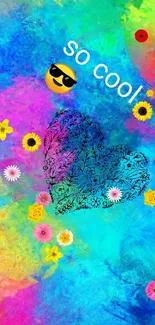 Colorful heart graffiti wallpaper with floral patterns on a vibrant backdrop.