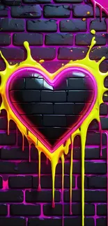 Black heart with neon splash on brick wall.