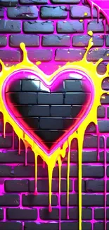 Neon heart graffiti art on purple brick wall.