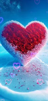 Vibrant heart on ice with blue sky background.