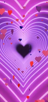 Vibrant purple heart illusion with neon concentric hearts and floating elements.