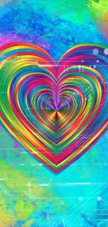 Colorful heart illusion with vibrant rainbow hues on a digital abstract wallpaper.