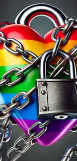 Rainbow heart secured with chains and lock.