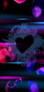 Vibrant heart design with glowing jellyfish in a rich, colorful wallpaper.