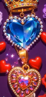 Vibrant heart jewel mobile wallpaper with purple background.