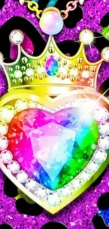 Colorful heart jewel with crown on leopard print background.