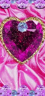 Vibrant pink heart gemstone on satin background.