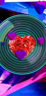 Vibrant heart kaleidoscope with purple and red hues on a colorful background.