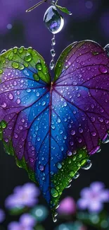 Heart-shaped leaf with raindrops in purple, blue, and green