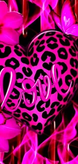 Pink leopard print heart with flowers and butterflies wallpaper.