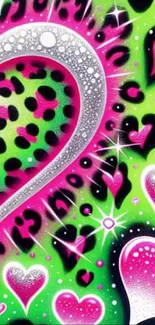 Colorful leopard heart wallpaper with vibrant pink and green hues.