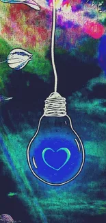 Artistic wallpaper featuring a glowing heart within a blue bulb against an abstract background.