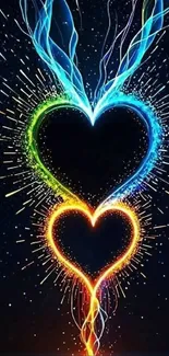 Vibrant hearts with colorful sparks on a dark background.