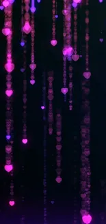 Vibrant wallpaper with cascading pink and purple heart-shaped lights on a dark background.