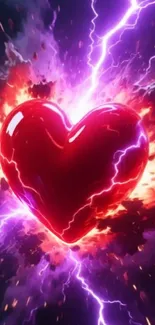 A vibrant red heart surrounded by purple and orange lightning on a mobile wallpaper.