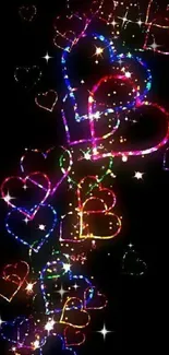 Colorful hearts and lights on black mobile wallpaper.