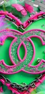 Colorful heart logo with butterflies and chains on a green background.