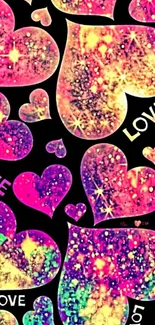 Vibrant colorful hearts with love text on black background.