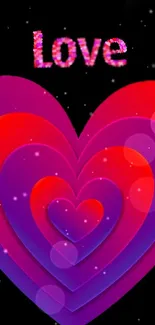 Colorful layered hearts with a love theme on a black background.