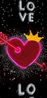 Neon heart with crown and arrow on black background.