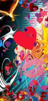 Colorful hearts with a psychedelic background design for mobile wallpaper.