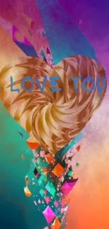 Abstract heart with 'I love you' on vibrant background.