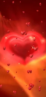 Heart-themed mobile wallpaper with red and orange glowing hues.