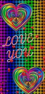 Rainbow hearts wallpaper with 'Love You' message.