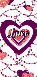 Purple and pink heart design mobile wallpaper with love text at center.