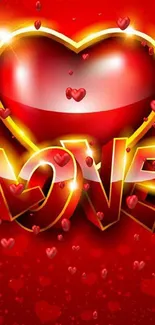 Red and golden heart love wallpaper with glowing effects.