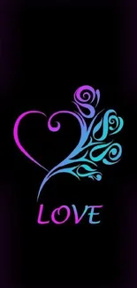 Colorful neon heart design on black wallpaper with the word love.